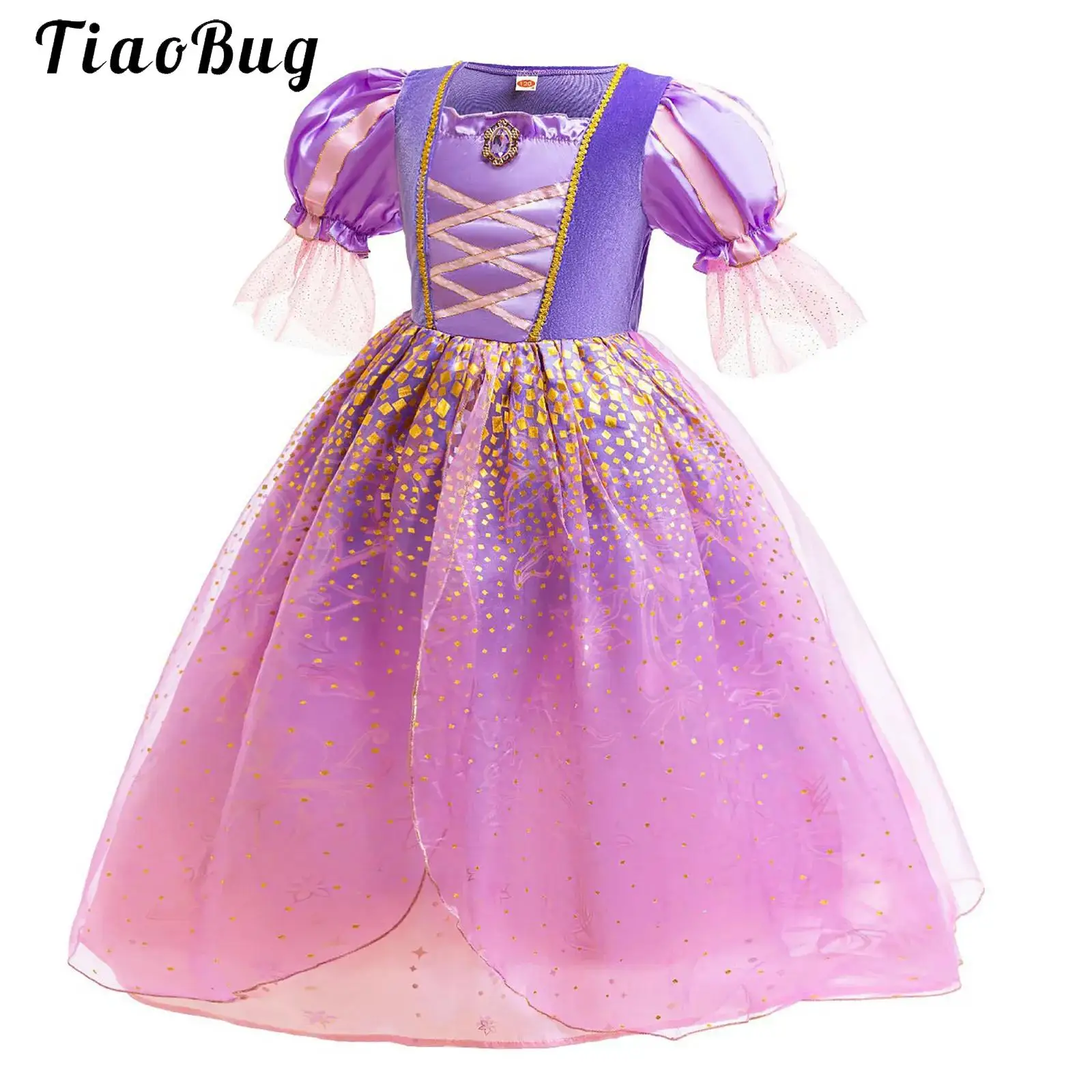 

Long Hair Princess Dress Kids Girl Halloween Role Play Costume Puffed Sleeves Rhinestone Adorned Long Dress for Theme Party