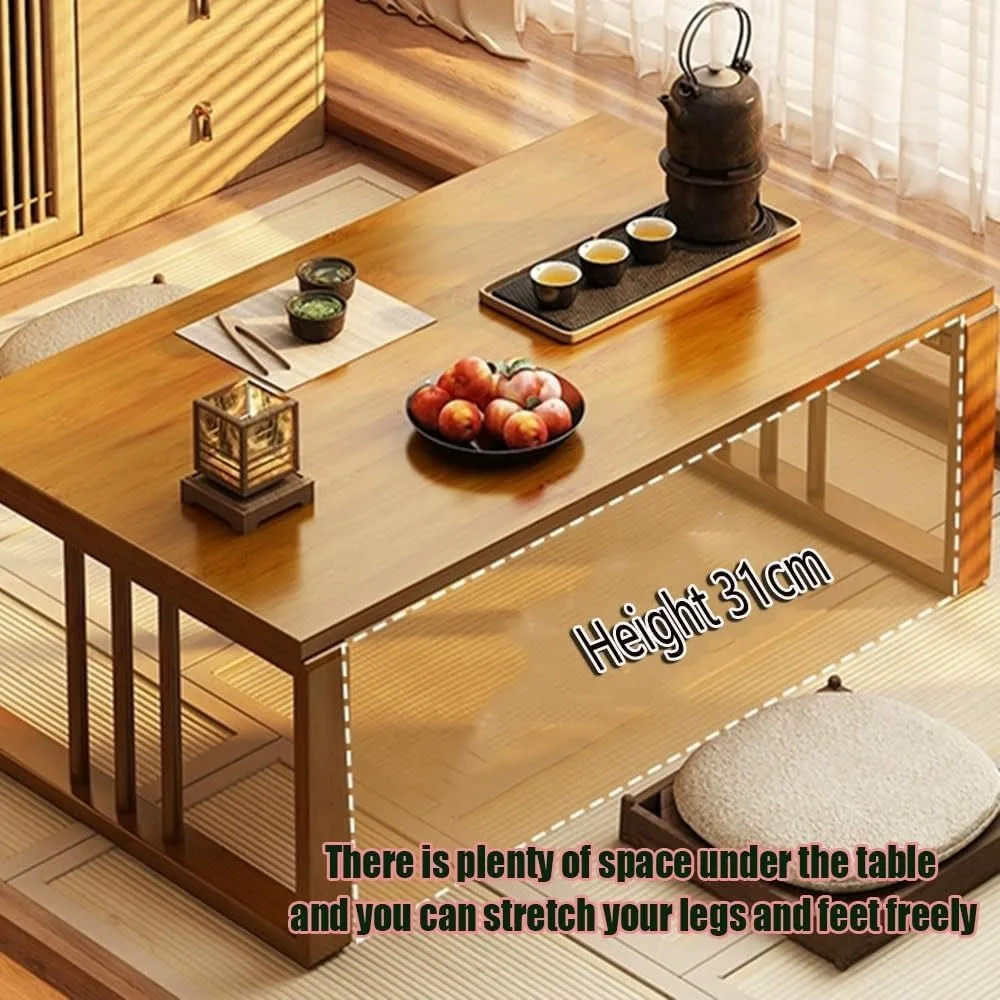 Mesa de centro rústica japonesa, mesa de chá baixa, bambu, pequena mesa de meditação, centro moderno, 28 polegadas, 32 polegadas, mesa tatami