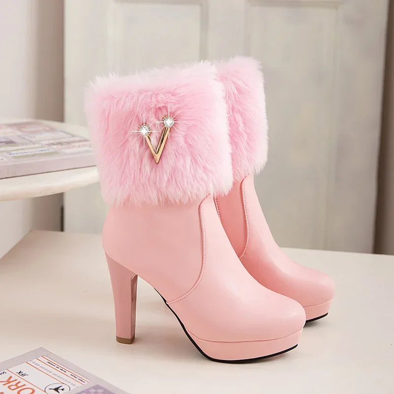 Boots Women Autumn Winter New Fur Round Head Zipper Crystal Thick Heel High Heels Short Tube Boats Ladies Shoes Size 35-43 White