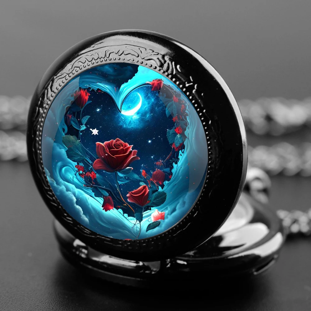 Exquisite Nacht Rose Glas Kuppel Quarz Taschenuhr arabische Ziffer Halskette Anhänger Geschenke für Frauen Mann mit Kette