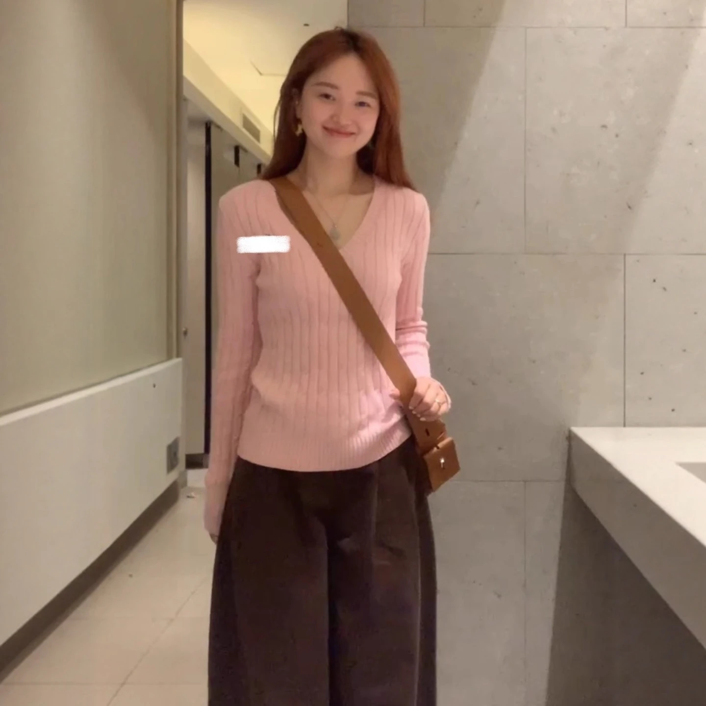 

Американский вязаный свитер Long Sve V-Ne, женский облегающий повседневный топ ранней осени розового цвета, одежда для поездок на работу