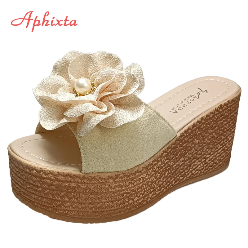 Aphixta 9cm obcasy slajdy perły kryształy aplikacje buty kobieta klapki klapki Wedge Heel platforma kobieta plaża Zapatos Mujer