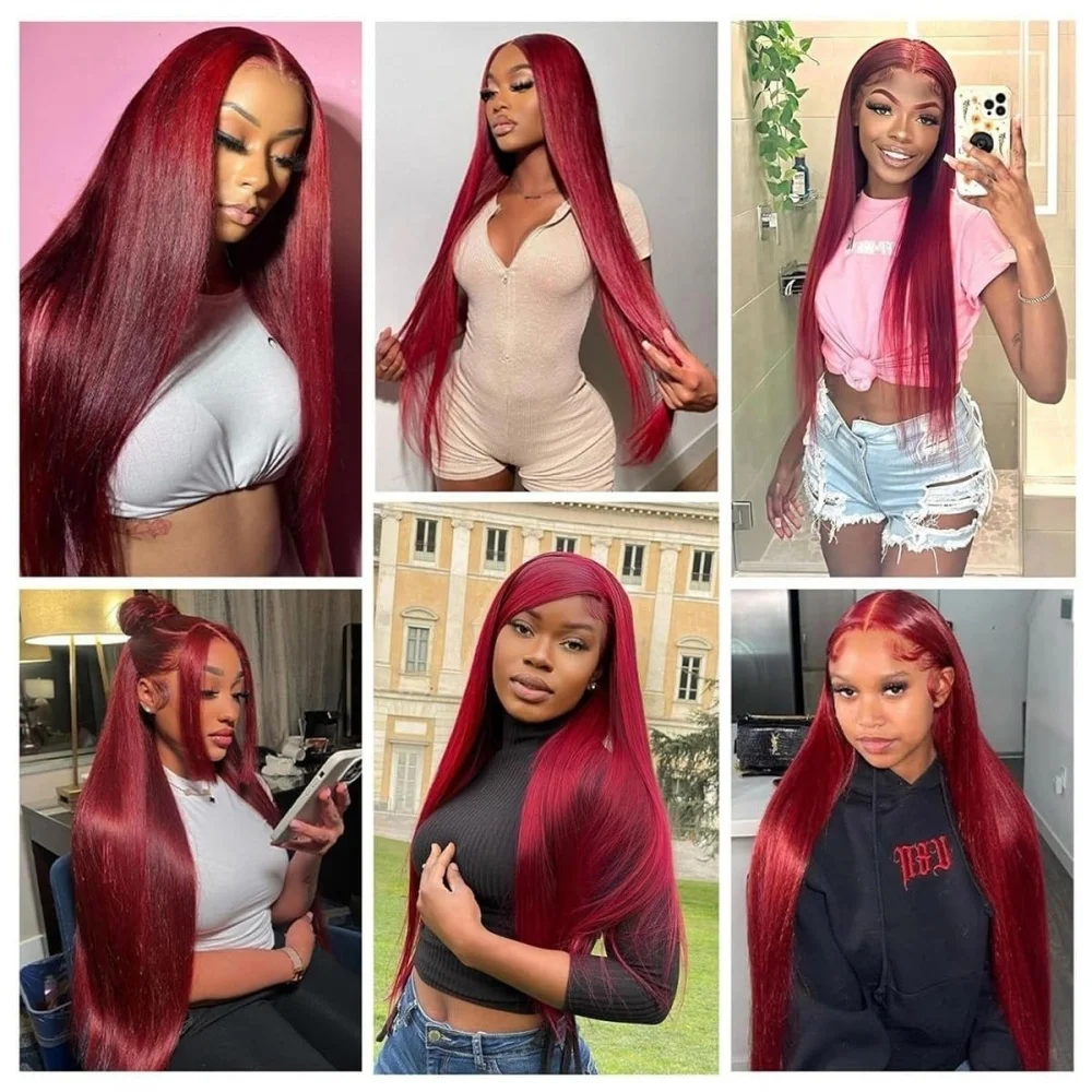 Straight 13×4 Lace Front Wigs Human Hair Burgundy Transparent Pre Plucked Red Color 220 Density Lace Frontal Wigs For Women 99J