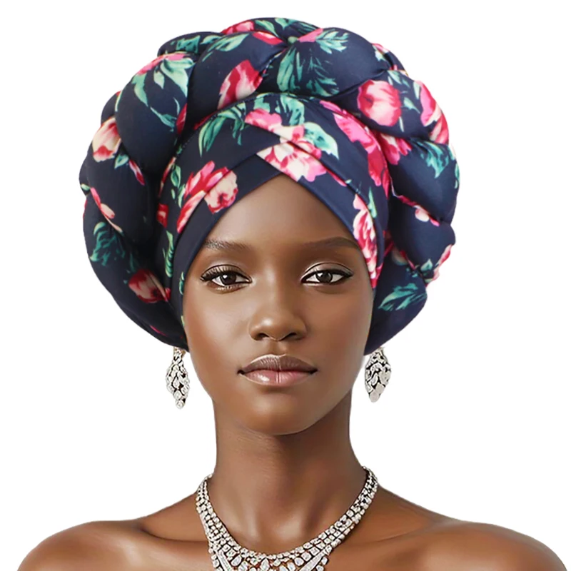 New African Print Twisted Large Braid Turban Hat Muslim Hijab Hat Elastic Head Wraps Headscarf Ramadan Headscarf Beanie Hats