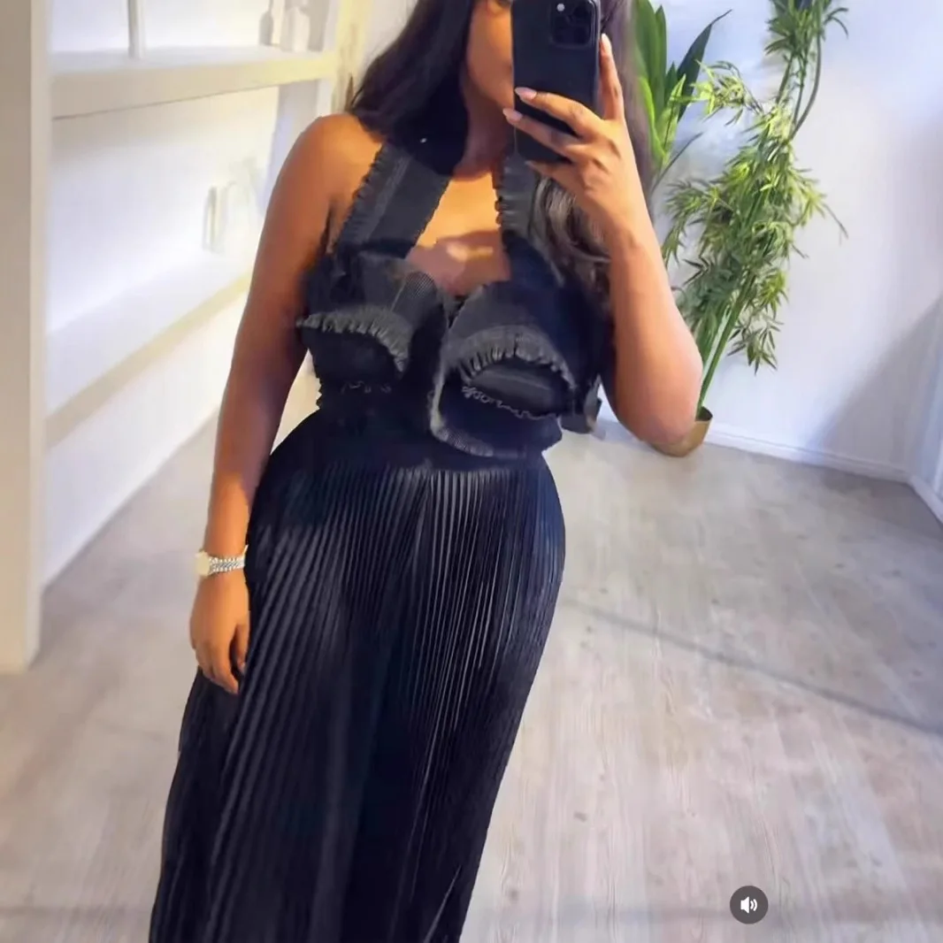 คุณภาพสูง ISSEYS MIYAKES ruffled เซ็กซี่ cami top sun จีบกางเกงขากว้างชุดสองชิ้น