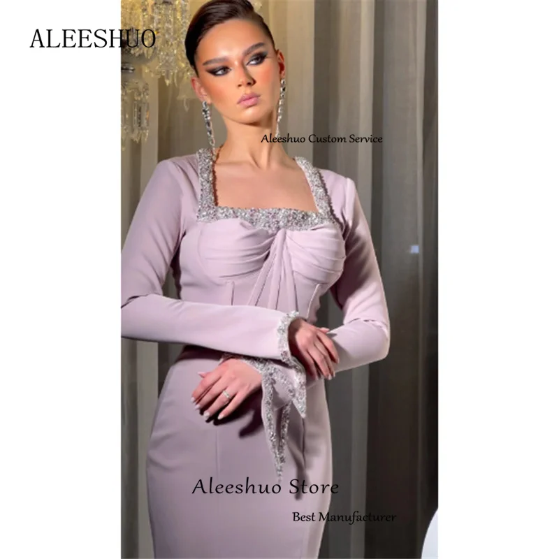 Aleeshuo Elegant Lilac Mermaid Prom Dress Long Sleeves Square Collar Evening Party Dress Sexy Beaded Crystal فساتين السهرة 2023