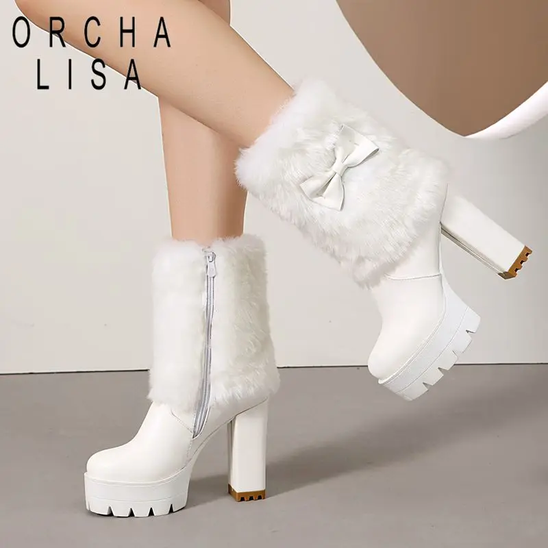

ORCHA LISA 2025 Sweet Women's Mid Calf Boots Round Toe 11cm Block Heel 3.5cm Platform Zipper Bowknot Plus Size 49-50 Dating