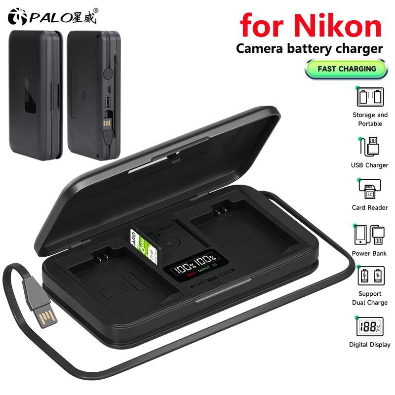 LCD Smart Charger Case Multi-function Battery Storage Box for Nikon EN-EL3E EN-EL9 EN-EL14 EN-EL15 EN-EL20 EN-EL25 Battery