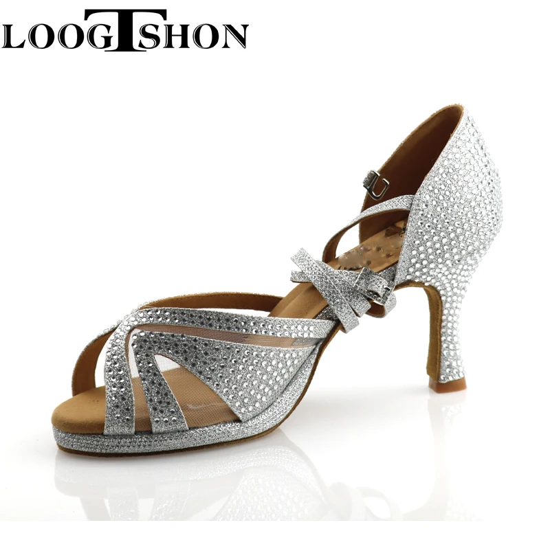 LOOGTSHON heel shoe For Women Salsa Dance Shoes Woman Sandals With Platform Silver Dance Shoes Rhinestone Indoor performance