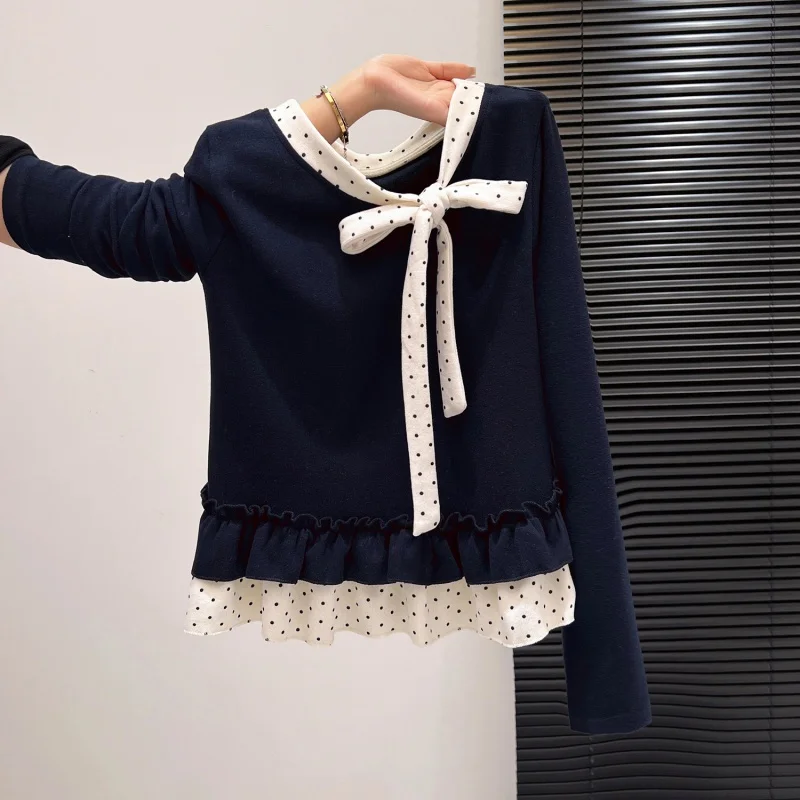 

Sweet Polka Dot Knot T-irt Women's Knitted Top Inner Wear Boting Design Knot Banded Korean Sle Slim Fit Long...