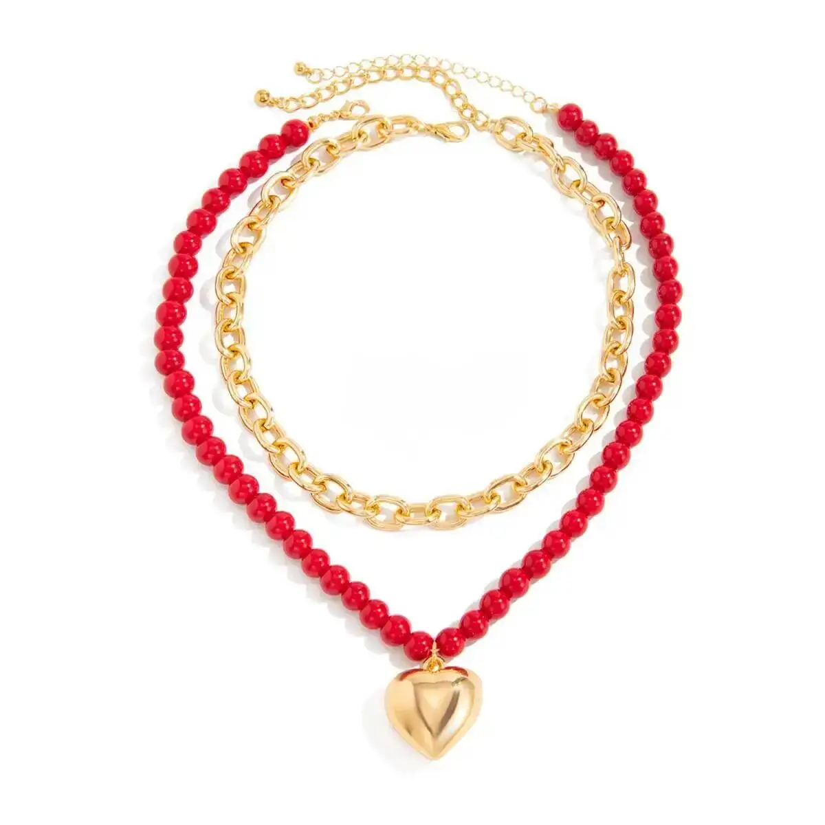 2Pcs/set Punk Vintage  Metal Love Heart Pendant Necklace Women Trendy Red Acrylic Beaded Clavicle Chain Daily Jewelry Gift