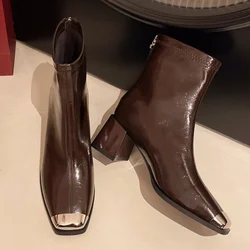 Soft Brown Patent Leather Square Toe Women Ankle Boots New Chunky Heel Chelsea Short Boots Fashion Sexy Back Zip High Heel Shoes