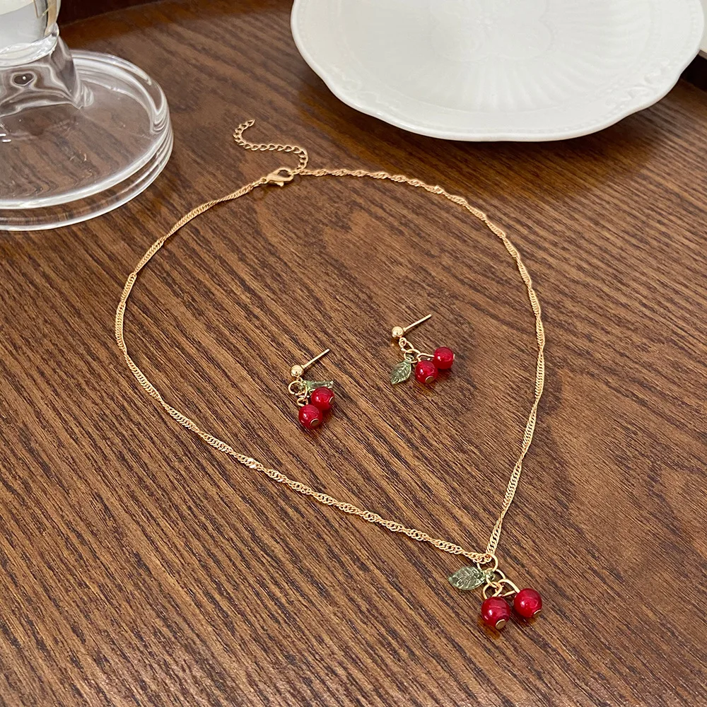 Exquisite Cherry Red Necklace And Earring Set For Women Fashionable Personalized Daily Accessory Party Jewelry Birthday Gifts