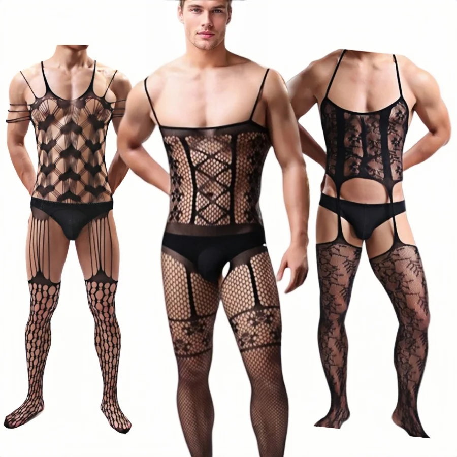 men bodystocking, full body fishnet tights, sheer mesh hosiery, hollow cutout body stocking, suspender lace bodystockings hot