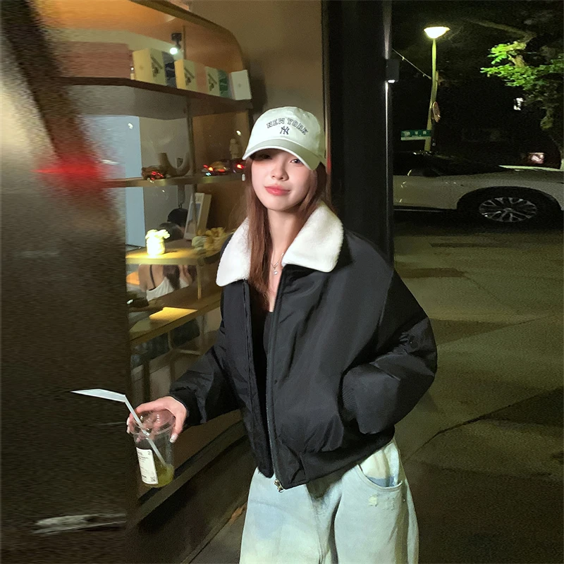 

Long Sleeve Winter Short Jackets Loose Women's Cotton Padded Jackets 2025 New Detachable Wool Lapel Black Sport Parka Coat Trend
