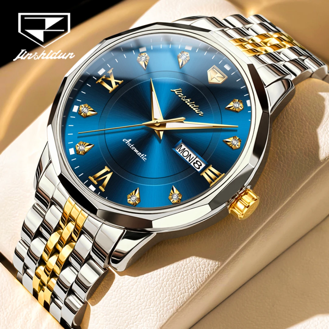 JSDUN-ساعة ميكانيكية مع قرص دائري ، سوار ساعة من الفولاذ المقاوم للصدأ ، عرض الأسبوع ، التقويم ، مضيئة ، هدية الموضة ،