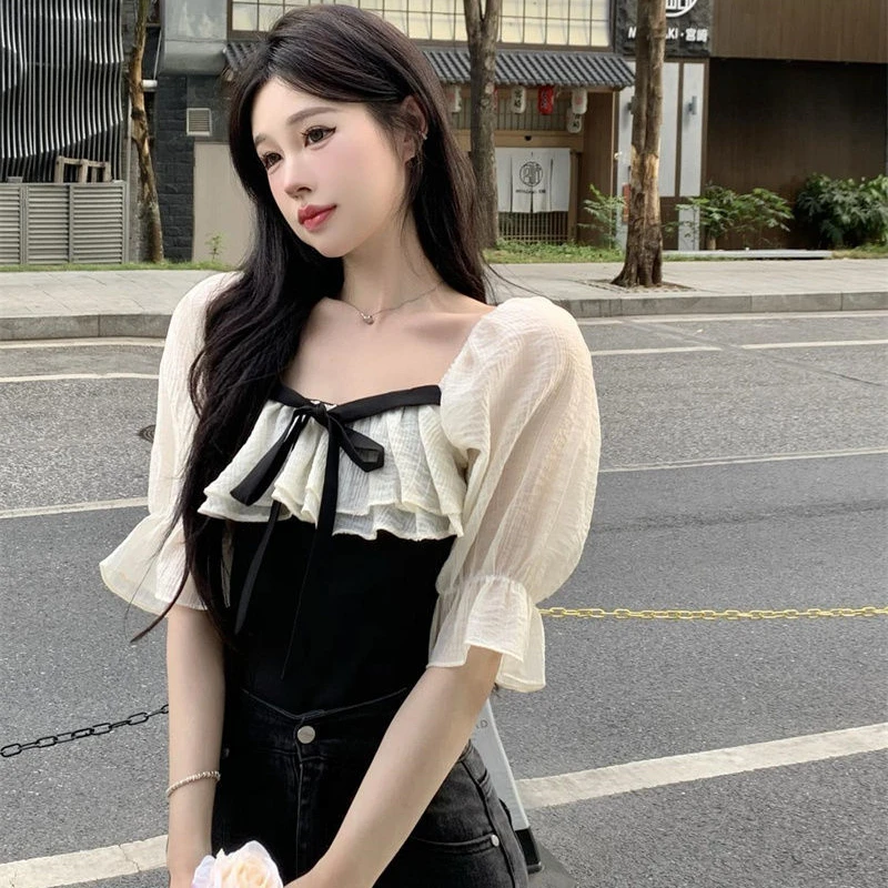 Chiffon Blouses Women Slash Neck Summer Preppy Style Girlish Korean Version Sexy Puff Sleeve Crops Fit Y2k Daily Blusas Stylish