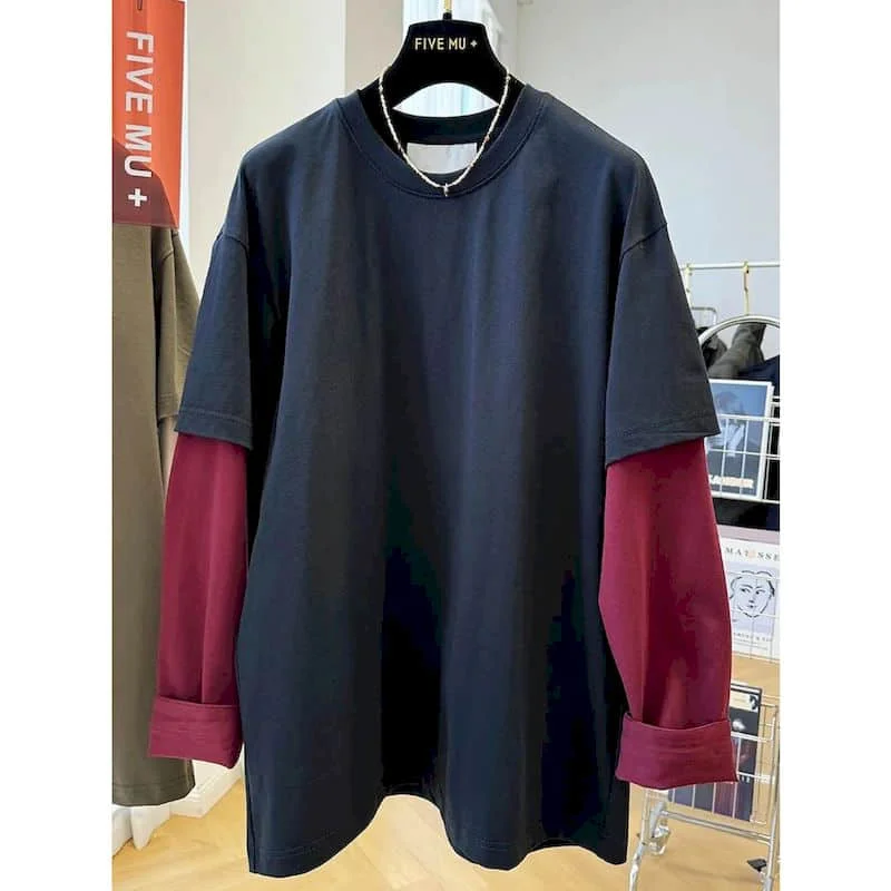

T-shirts O-neck Oversized Fake Two-piece Contrast Color Tops Vintage Casual American Style Long Sleeve Autumn Women Clothing