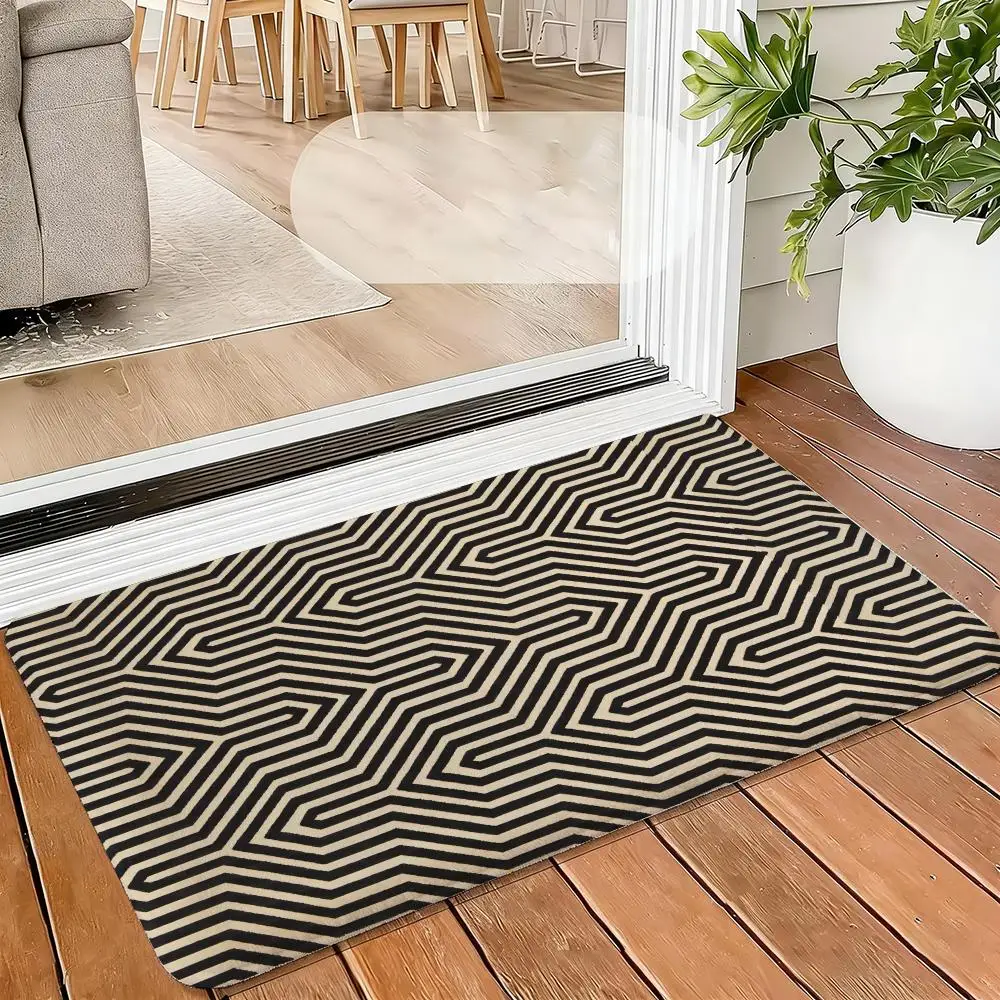 Minimal Geometric Lines Floor Mat Soft Flannel Rug Non-Slip Absorbent Mat for Bathroom Bedroom Home Decor