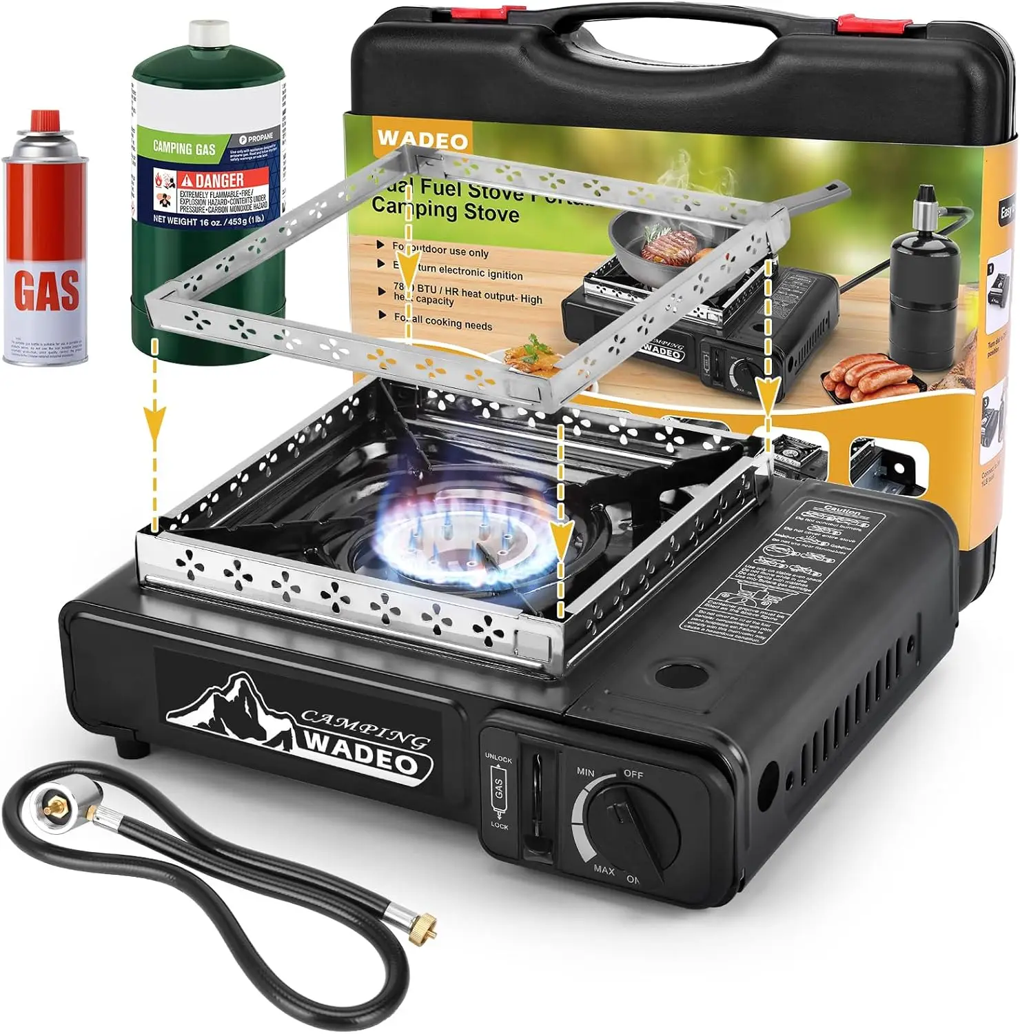 Dual Fuel Stove Portable Camping  with 3 FPropane Regulator Hose,  Gas Stove Windshield Camping