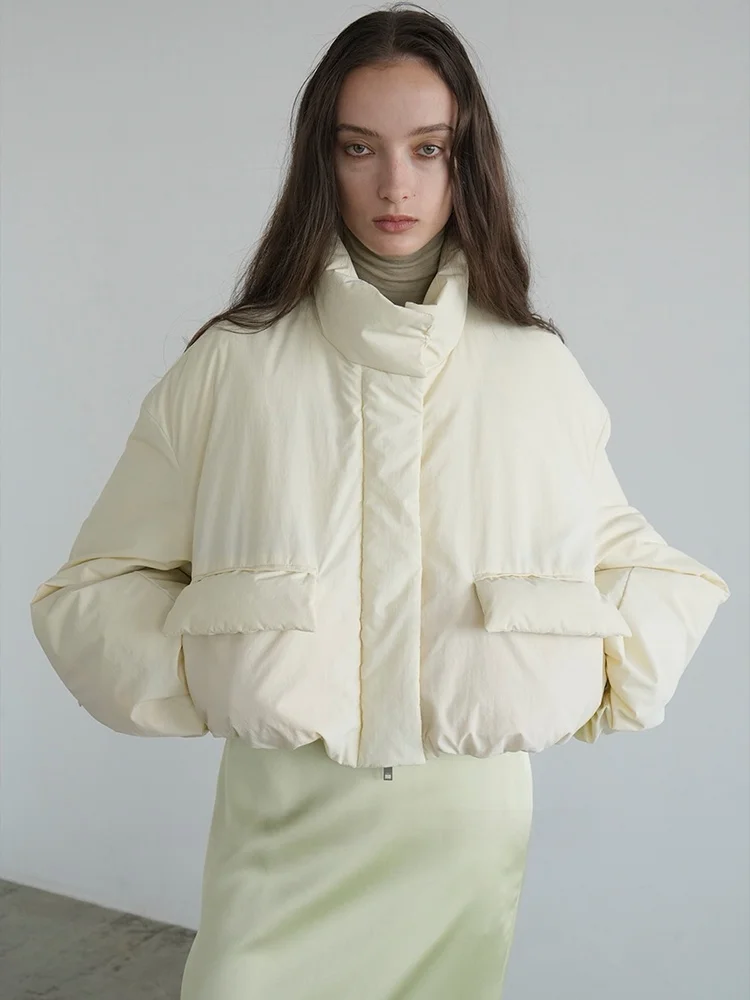 

Fall Winter Short Puffer Jacket Women's Stand Collar Loose Fit Duck down Outerwear Retro Style Commute Fashion No Brand