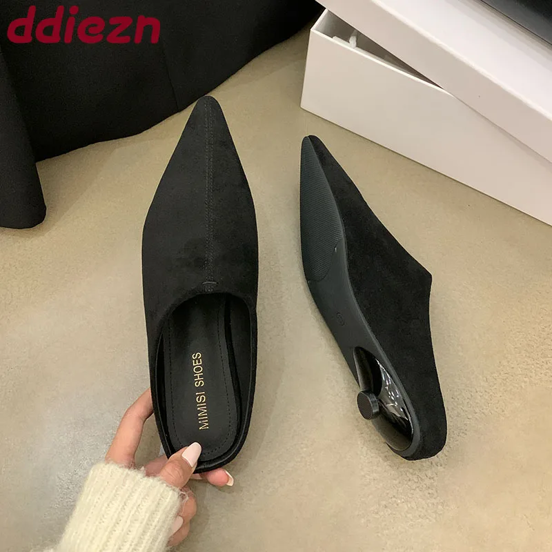 

Footwear Pointed Toe Pumps Ladies Low Heel Shoes Female Shallow Fashion Flock Elegant Women Heeled Shoes Slides Mules
