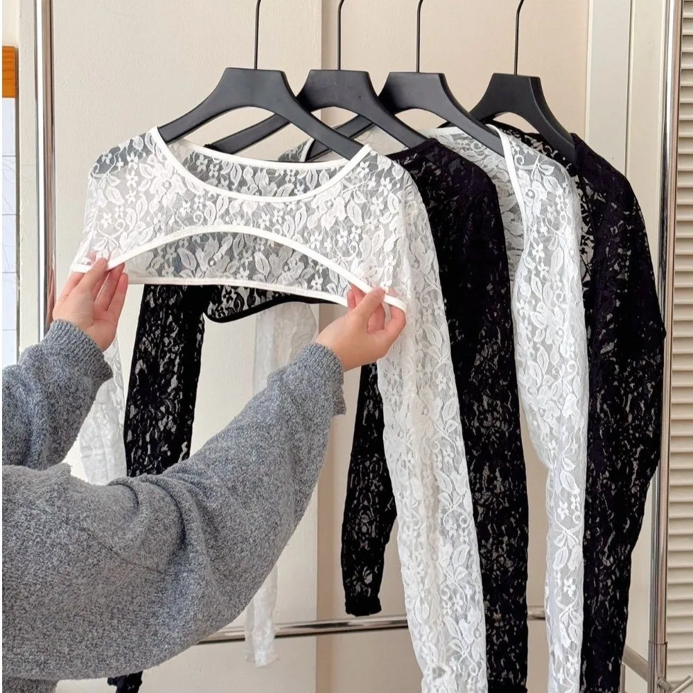 Stylish Solid Color Lace Long Sleeve Tops Breathable Elastic See Through Tops Slim Fit Sun Protection Mesh Cropped Tops