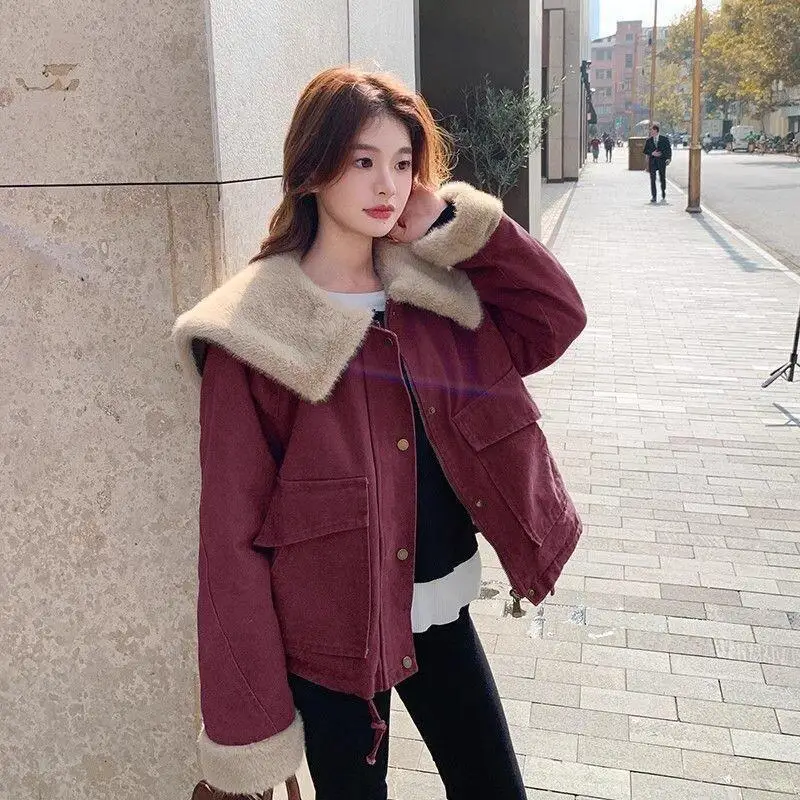 

Women's Padded Jacket Autumn And Winter Brown Retro Fur Collar Thick Coat New Women Winter Short Stature Workwear Thick tops