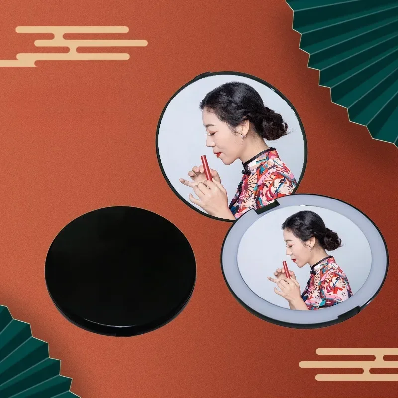 Portable LED Folding Makeup Mirror with Light Large Round Double Sided 2X Magnifying Flip Cover Folding Mirror Makeup Mirrors