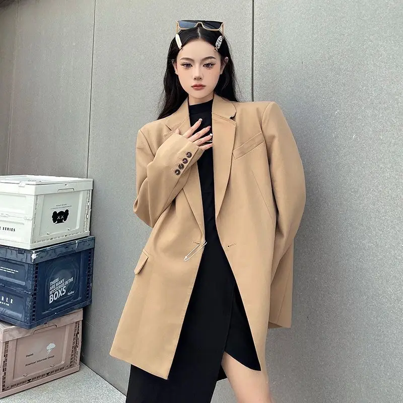 

Oversize Profile Advanced Design Pin Suit Jacket for Women, Loose, Pure Color, All-Matching Outwear, Female Mid-Length Outcoat