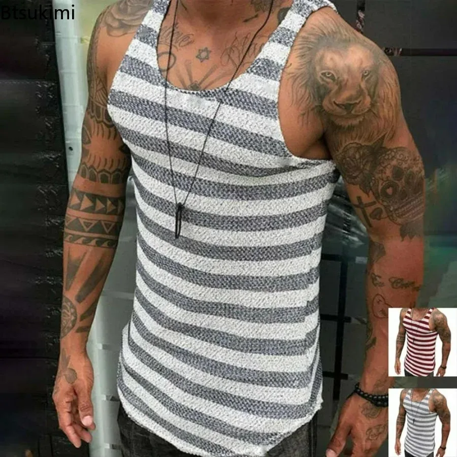 

2025 Men's Summer Casual Kniited Tank Top Sexy Stripe Mens Summer Clothing Fashion Splice Transparent Vest Mens Sleeveless Tops