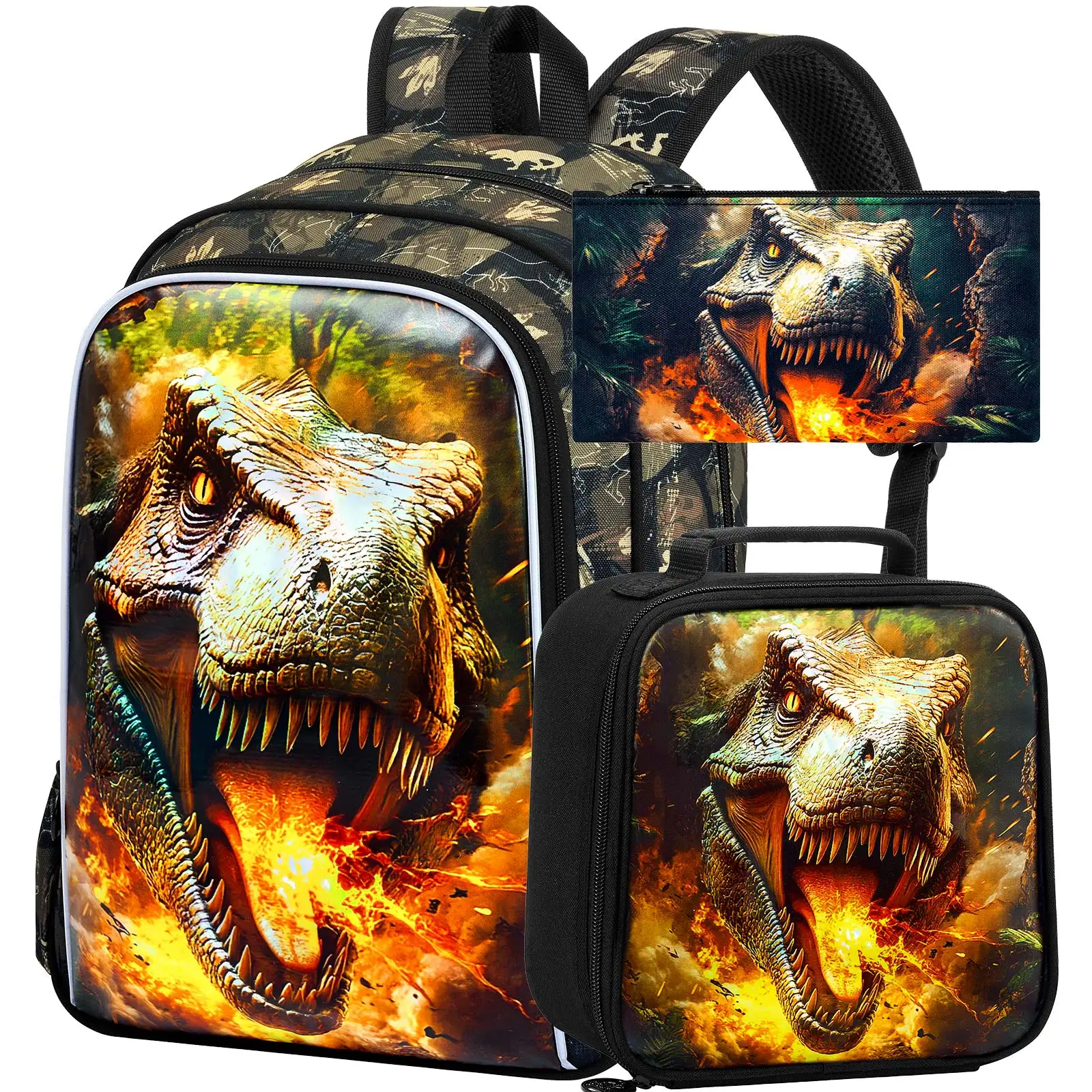 

3PCS Dinosaur Backpack for Boys, 16" little Kids Preschool School Bookbag and Lunch Box