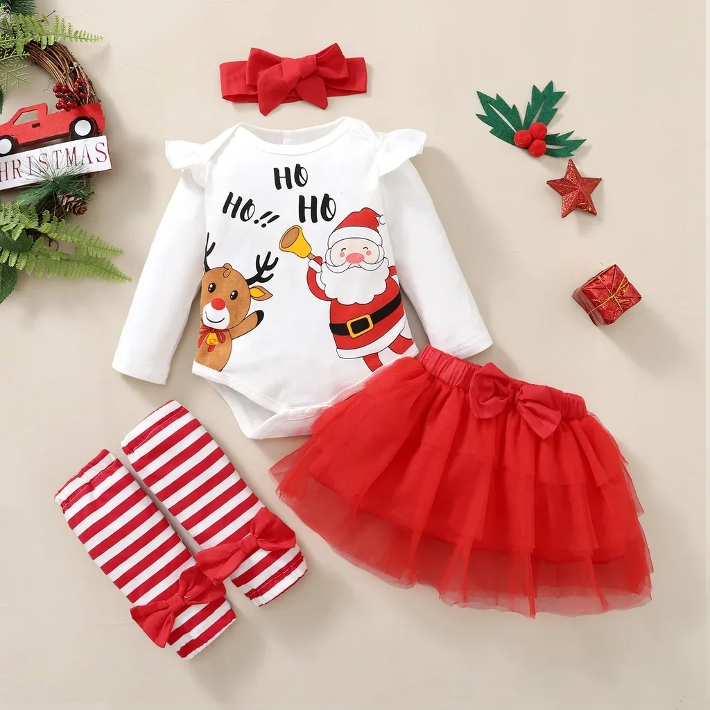 Newborn Baby Girl Christmas 4PCS Clothing Set Santa Long Sleeve Bodysuit+Mesh Skirt+Headwear+Stockings 0-18M Baby Festival Wear