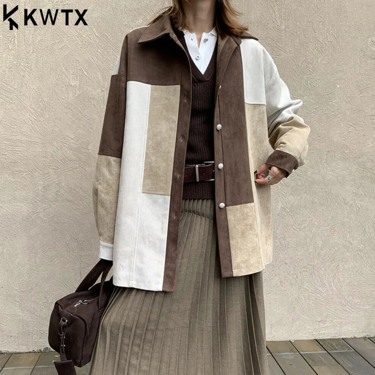 

KWTX 2025 Женская замшевая куртка в винтажном стиле Уютная верхняя одежда - Однобортный однобортный повседневный осенне-зимний модный воротник с зубчатым воротником