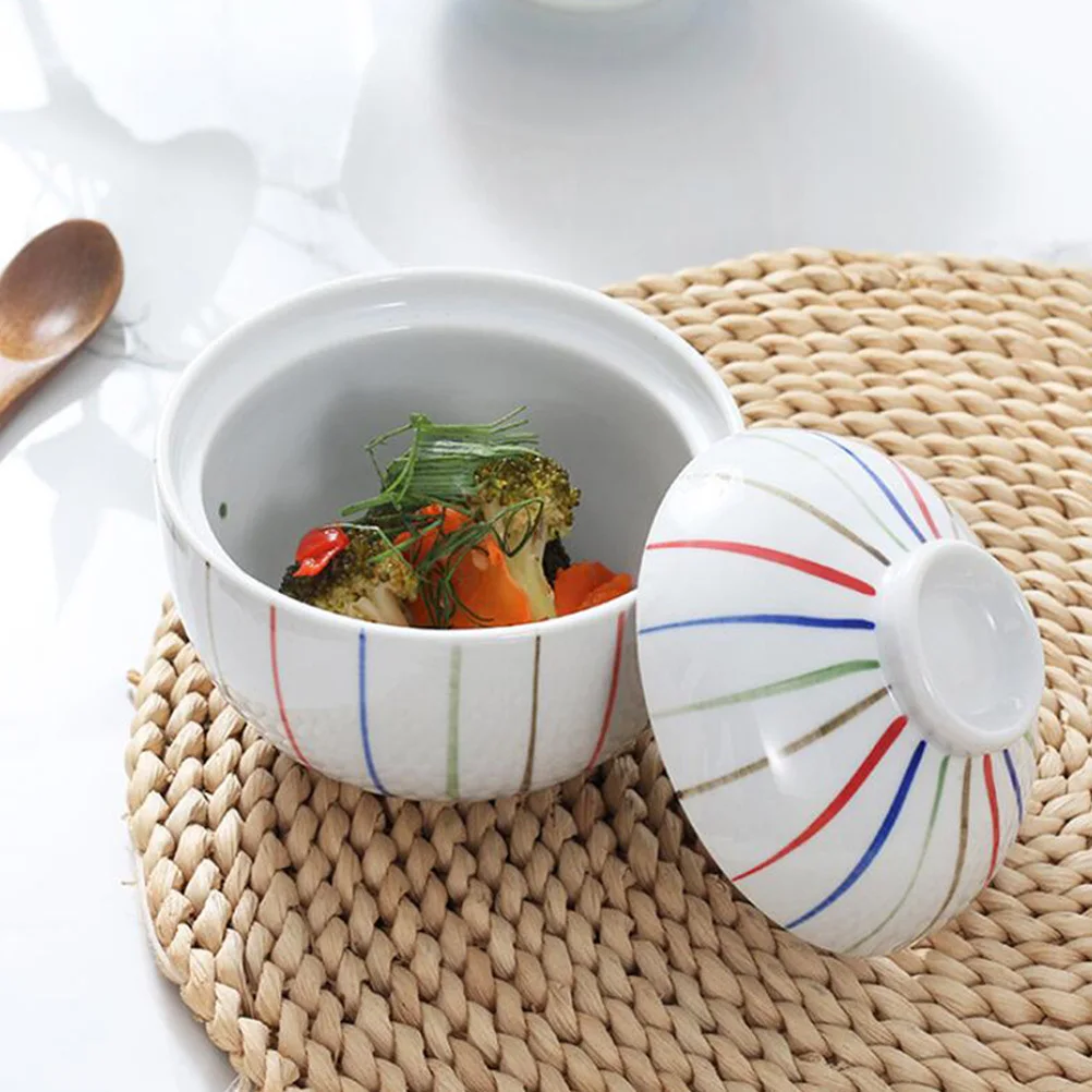 

1Pcs Colorful Ceramic Bowl with Lid Steamed Egg Rice Soup Bowl Heat Retaining Kitchen Supply Exquisite Tableware Gift