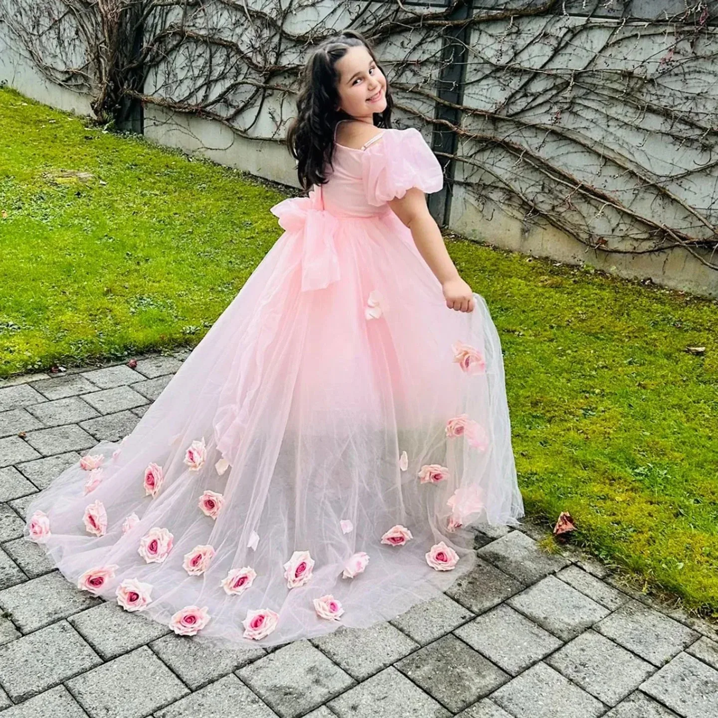 Bohemian Light Luxury Mesh Children's Beauty Pageant Dress Handmade Three-dimensional Floral Applique Trailing Flower Girl Dress