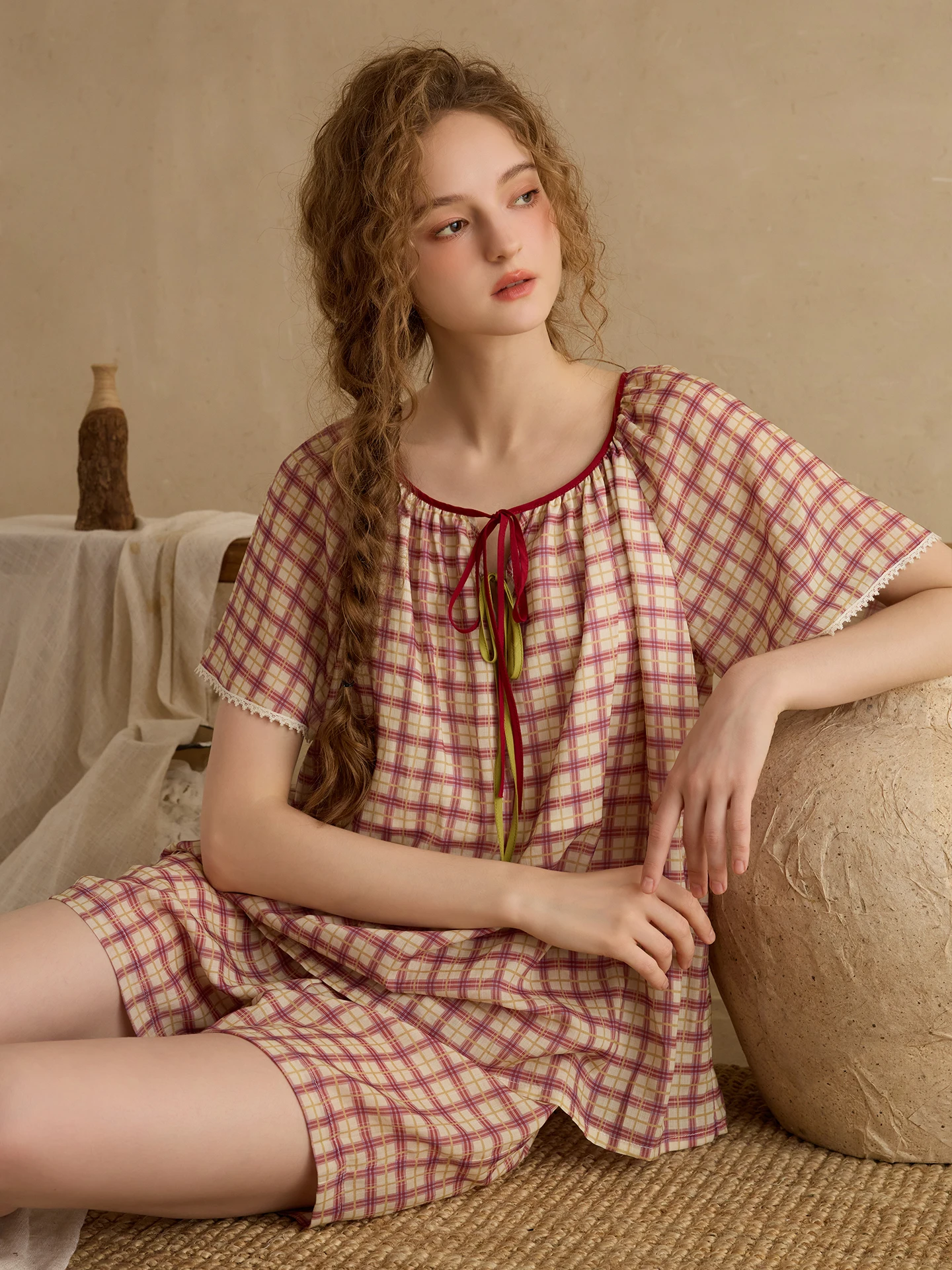 chenxi-women's-summer-pajamas-short-sleeve-short-pants-plaid-home-clothes-outdoor-wearable-comfortable-loose-fit-sleepwear