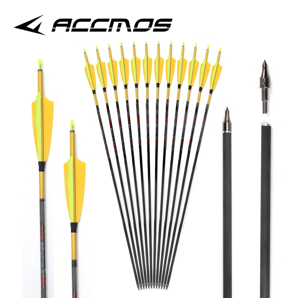 

12pcs 3K ID6.2 Archery Pure Carbon Arrows Spine 200、300、350、400、500 、600 for Recurve/Compound Bow Hunting replaceable feather