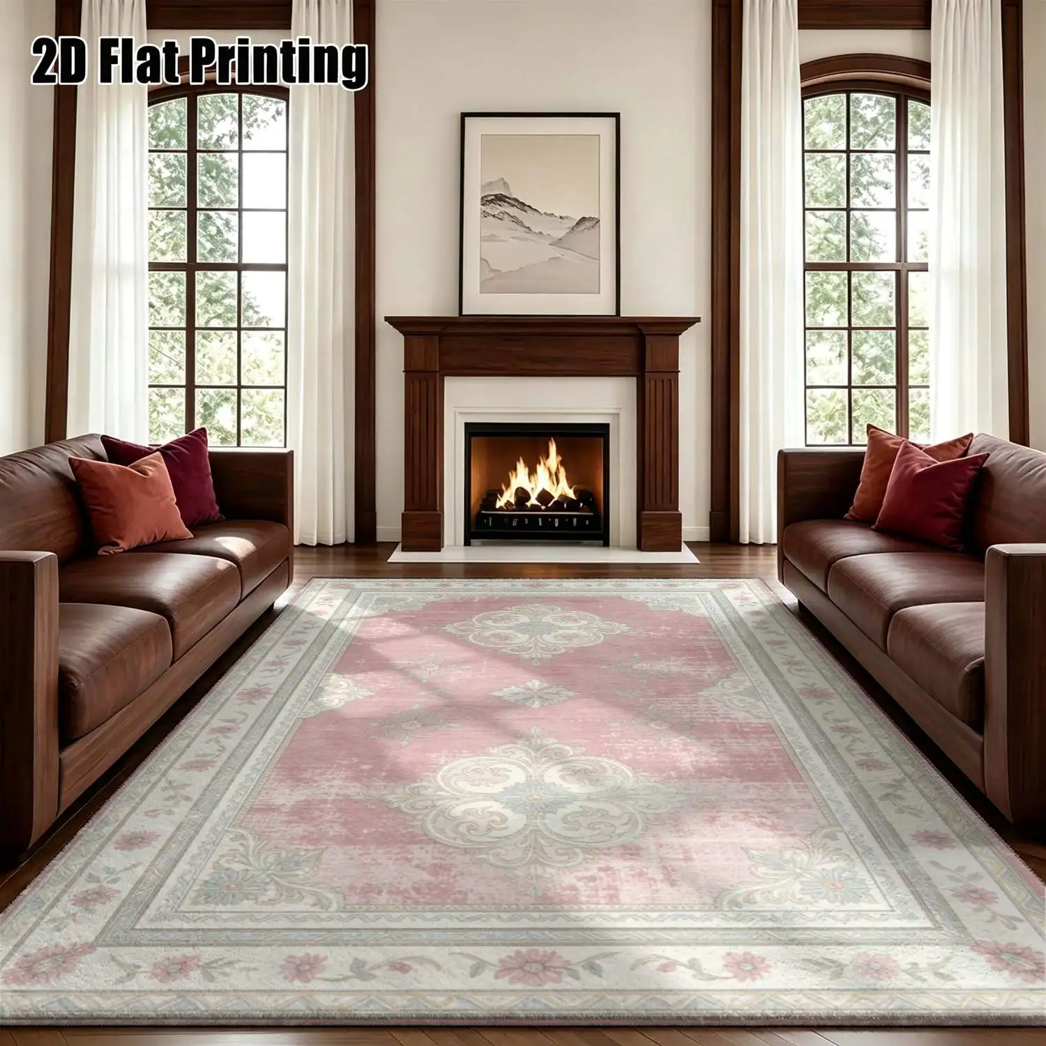 1Pc 2D Printed Pink Retro Floral Carpet: Vintage, European, Bohemian Geometric Style, Machine Washable, Multi-Size Home Decor Rug for Living Room, Bedroom, Dining Room, Entrance & Study