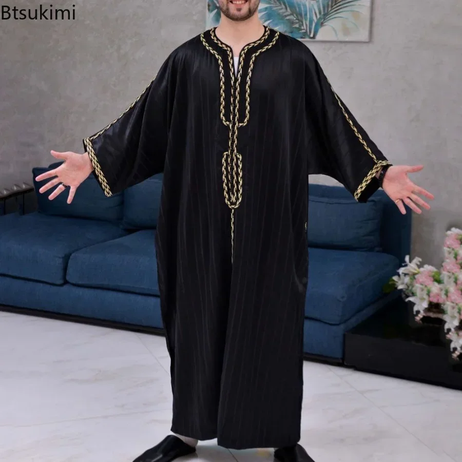 2025 Summer Islam Kaftan Muslim Men Clothing Moroccan Caftan Hand Embroidered Loose and Breathable Djellaba Abaya Thobe for Men