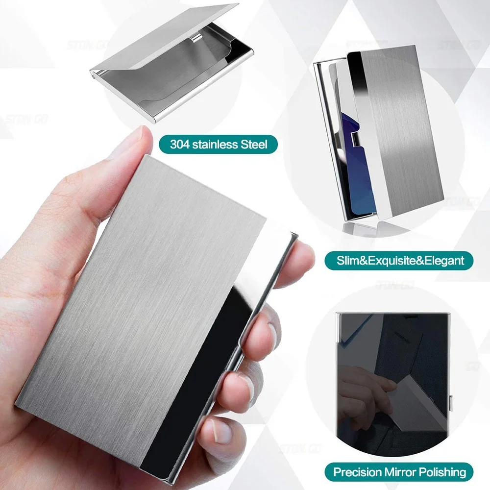 Premium Stainless Steel Business Card Holder - Ultra-thin Silver Metal Pocket Card Case for Men and Women; Simple Design