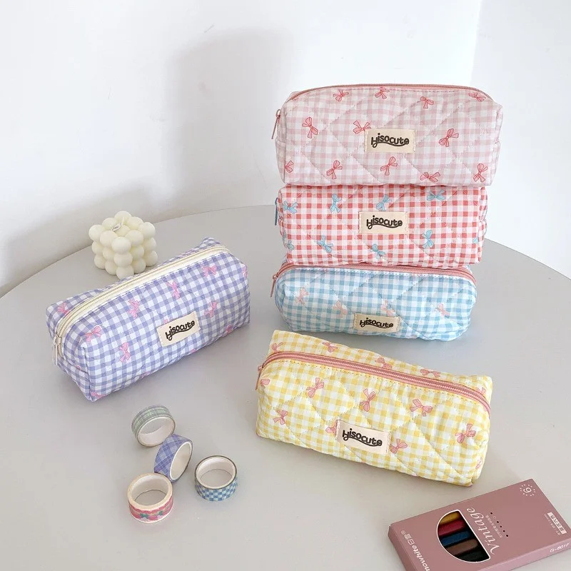 Creative Cream Color Checkered Pencil Case Cute Bow Large Capacity Pencil Box Portable Student Stationery Storage Bag