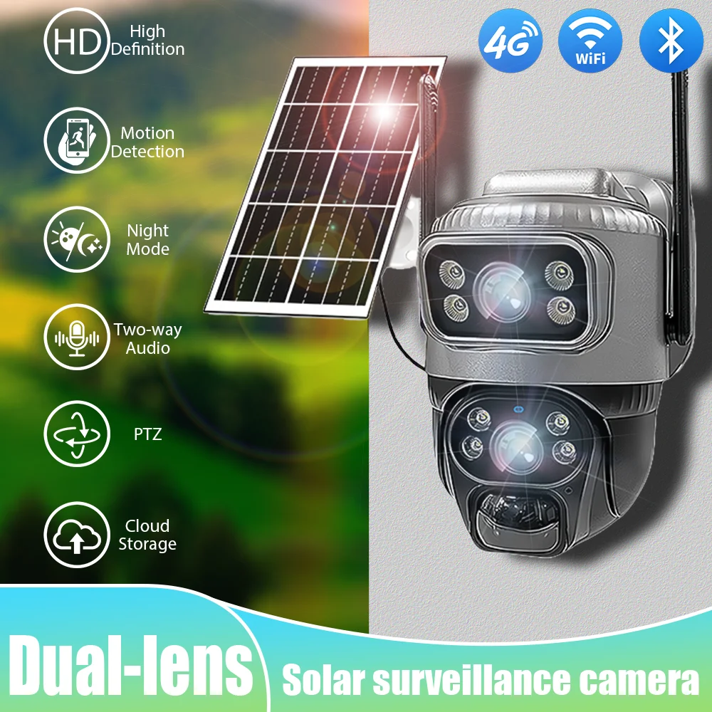 

4G Solar Powered Security Camera Outdoor Wireless WiFi Dual Lens Surveillance Camera PTZ AI Human Detection CCTV Security Camera