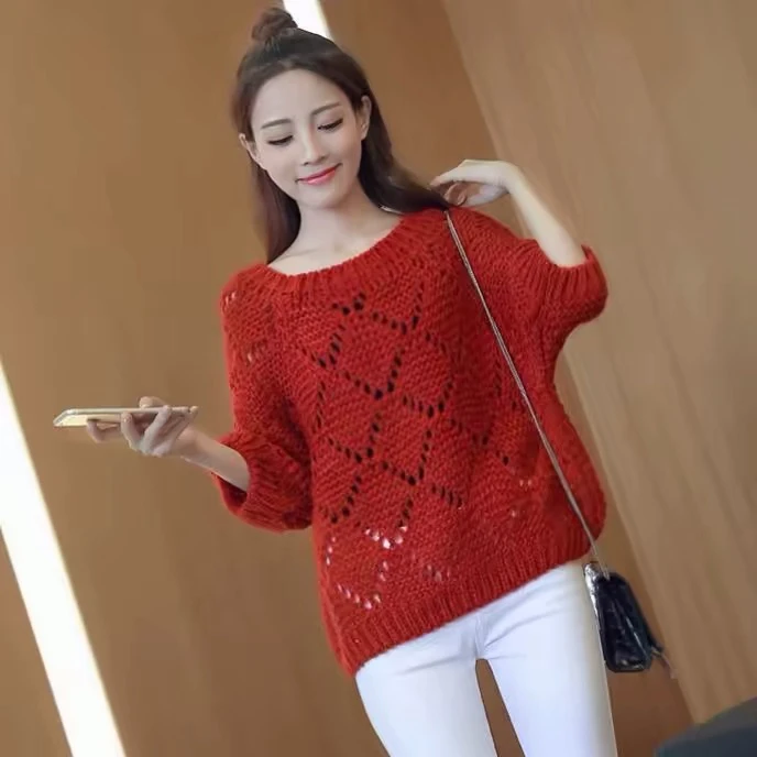 

Весенне-осенний свободный женский вязаный свитер с рукавами «летучая мышь», ажурный, уютный, средней длины, модный повседневный кардиган с круглым вырезом