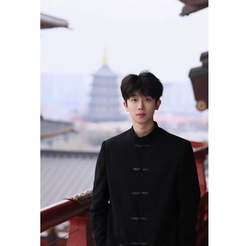 

New Chinese Sle Stand Collar Men's Jaet High End Reformed Zhongan Coat Trendy Brand Sle Button down irt