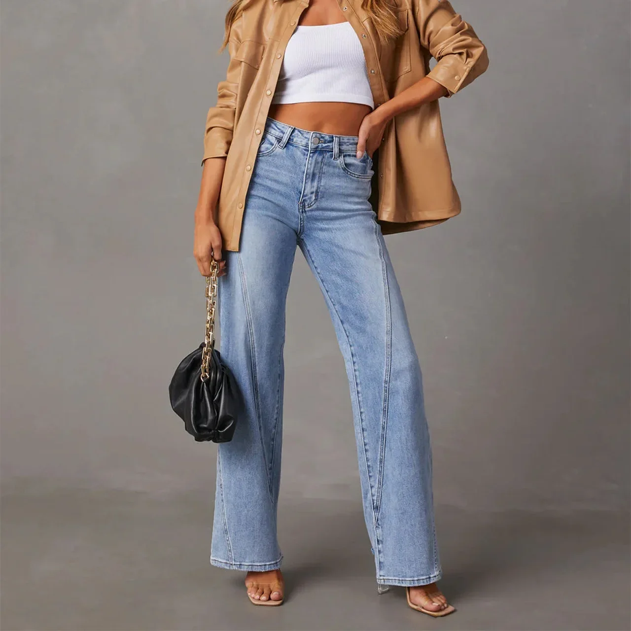 Women Jeans Ankle Length Wide Leg Pants Denim Washing Spliced Pockets Loose Fit Solid High Street 2025 Summer Zipper Fly