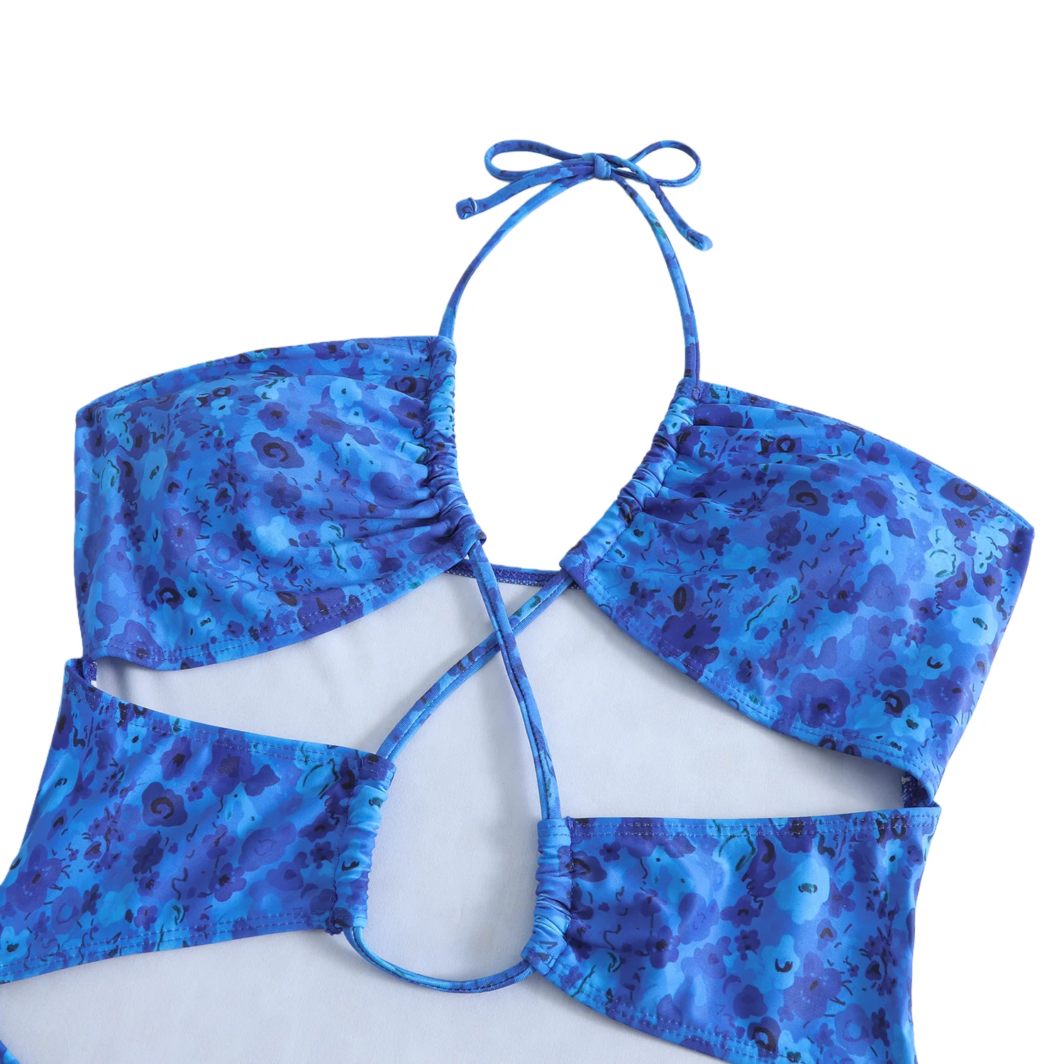 Maillot de bain une pièce à fleurs bleues pour femmes, Sexy, croisé, col licou, découpe, contrôle du ventre, Monokini, réglable, pour la plage