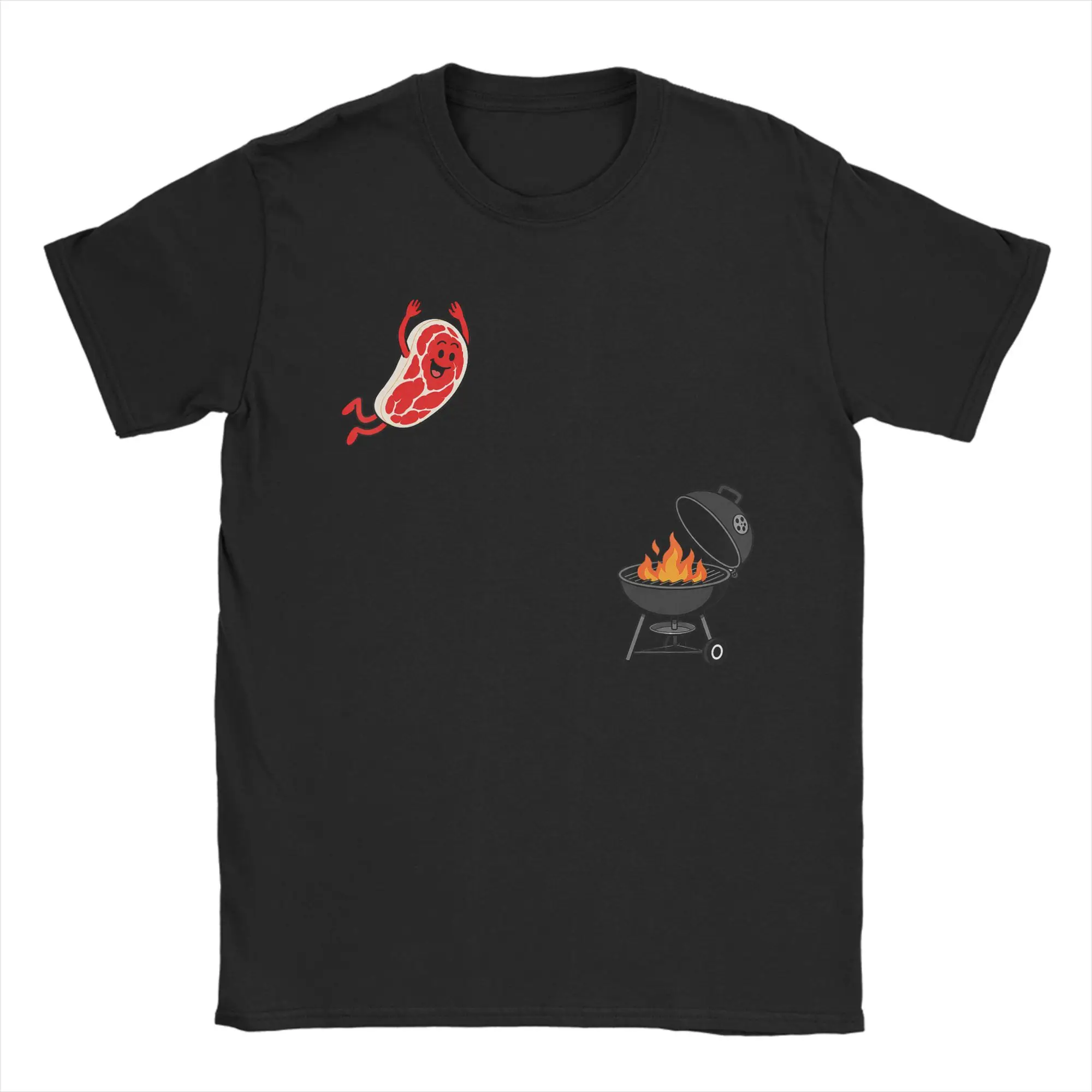 Vintage BBQ Steak Meme Cute Meat Jumping Into Grill T-Shirt Men  100% Cotton T Shirt  Short Sleeve Tee Shirt Gift Idea Clothing