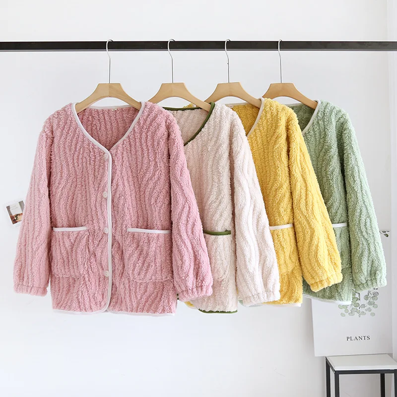 

New winter women's flannel pajamas one-piece top V-neck button coral fleece thickened warm home clothes large size sleepwear