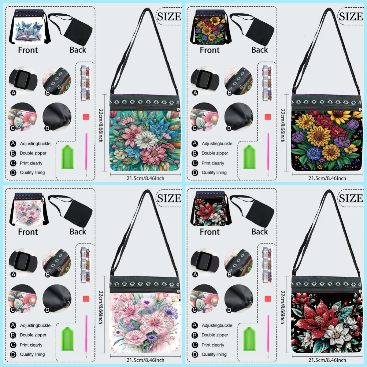 1 Piece Diamond Painting kit, Messenger bag, flower Pattern canvas Material, can be used as a carry-on for Shopping and travel